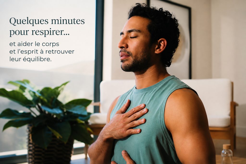 Homme pratiquant un exercice de cohérence cardiaque par la respiration