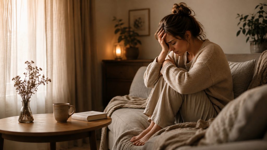 Femme assise chez elle, préoccupée et anxieuse