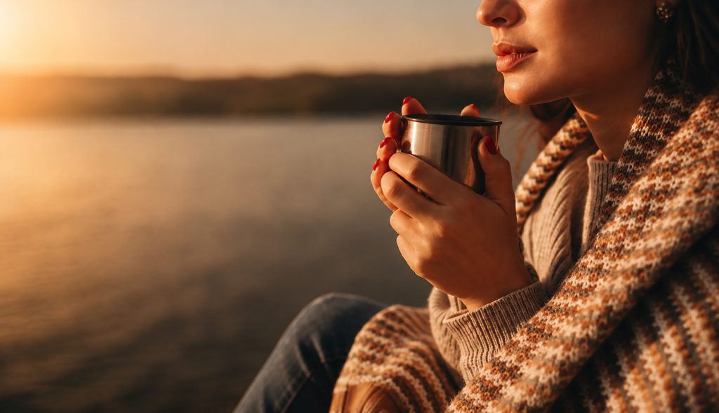 Femme prenant un moment pour elle avec une tasse, dans une ambiance calme et apaisante