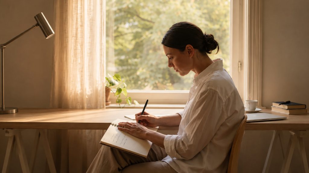 Femme écrivant à son bureau dans un moment d’introspection
