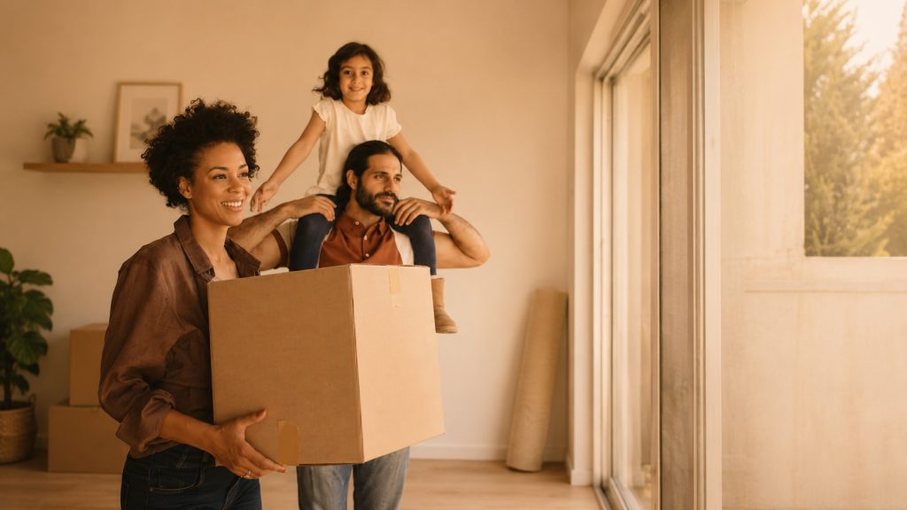 Famille lors d’un déménagement, symbole d’un changement de vie