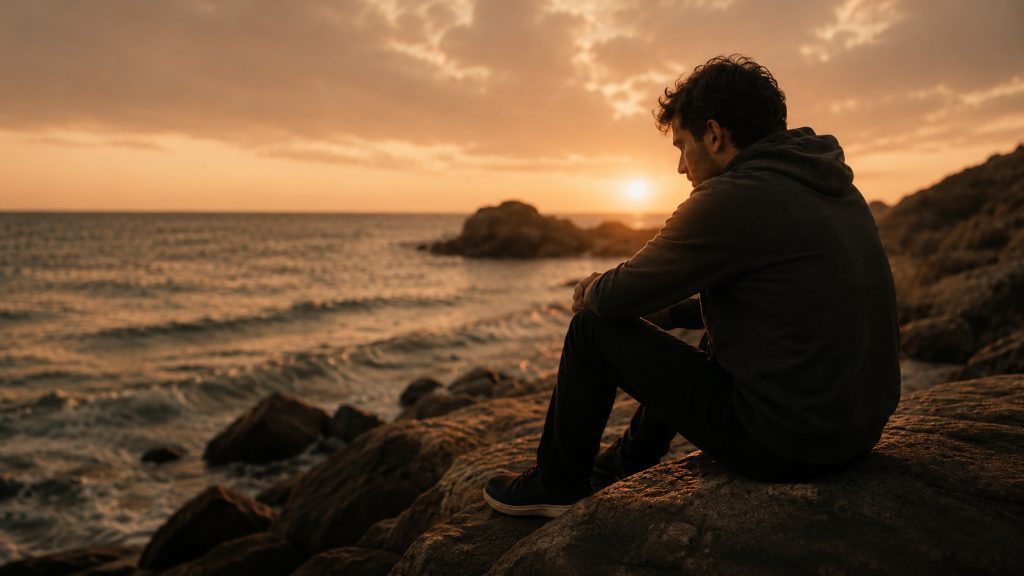 Personne assise face à la mer après une épreuve de vie