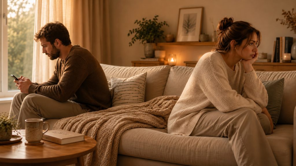 Couple en difficulté assis à distance sur un canapé